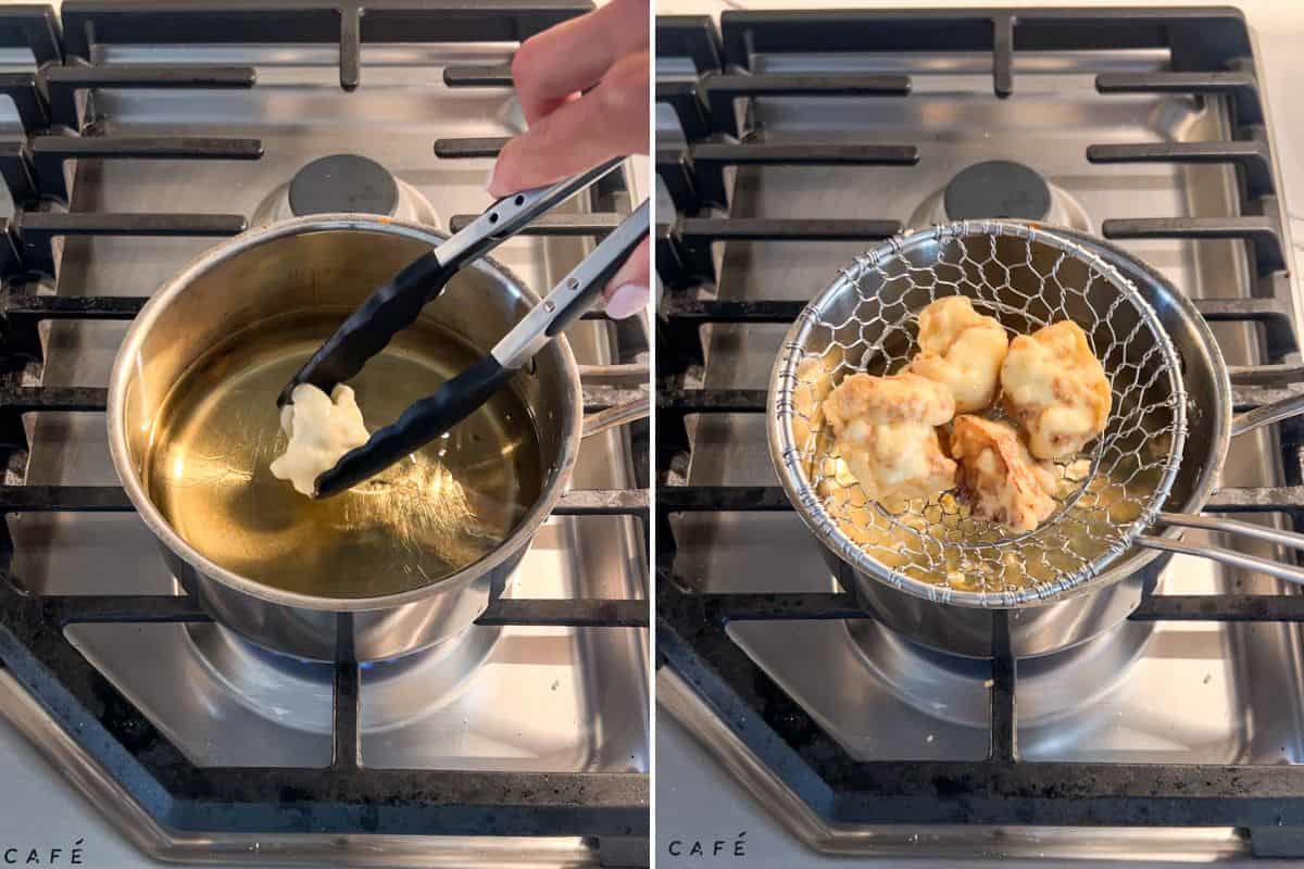 Frying cauliflower florets.