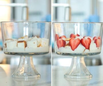 Trifle dish with cake cubes, cream and strawberry.