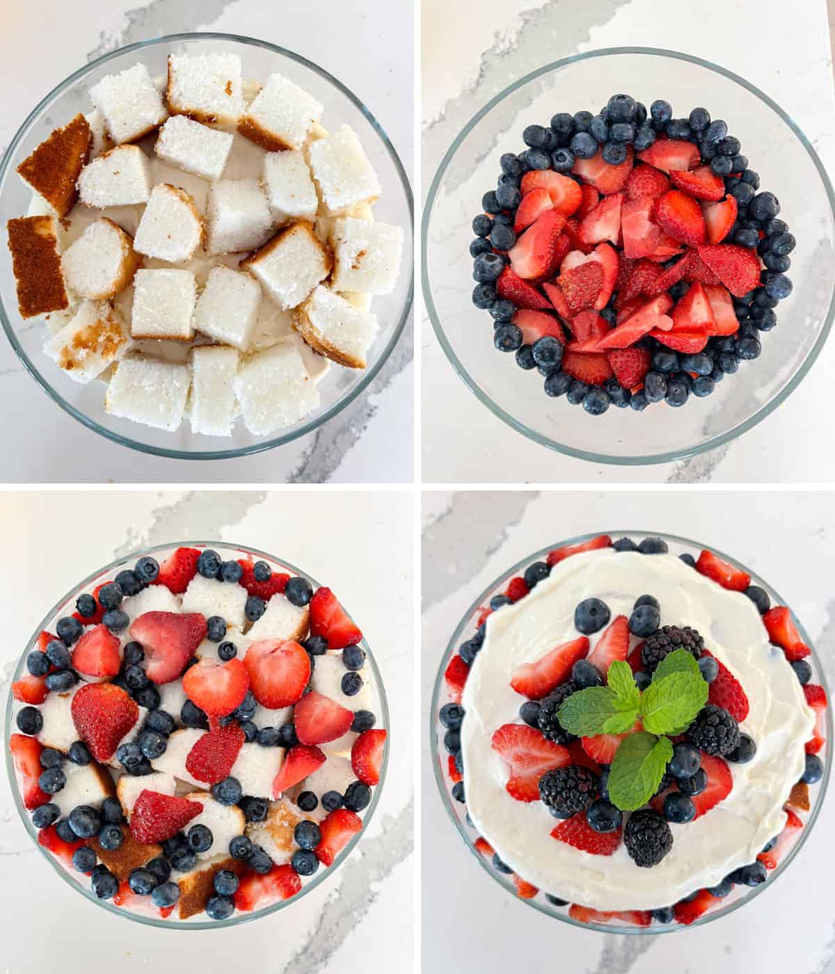 Images showing how to layer berry trifle with berries and cream.