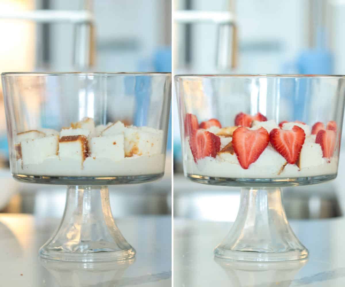 Layering trifle with cream, cake and berries.