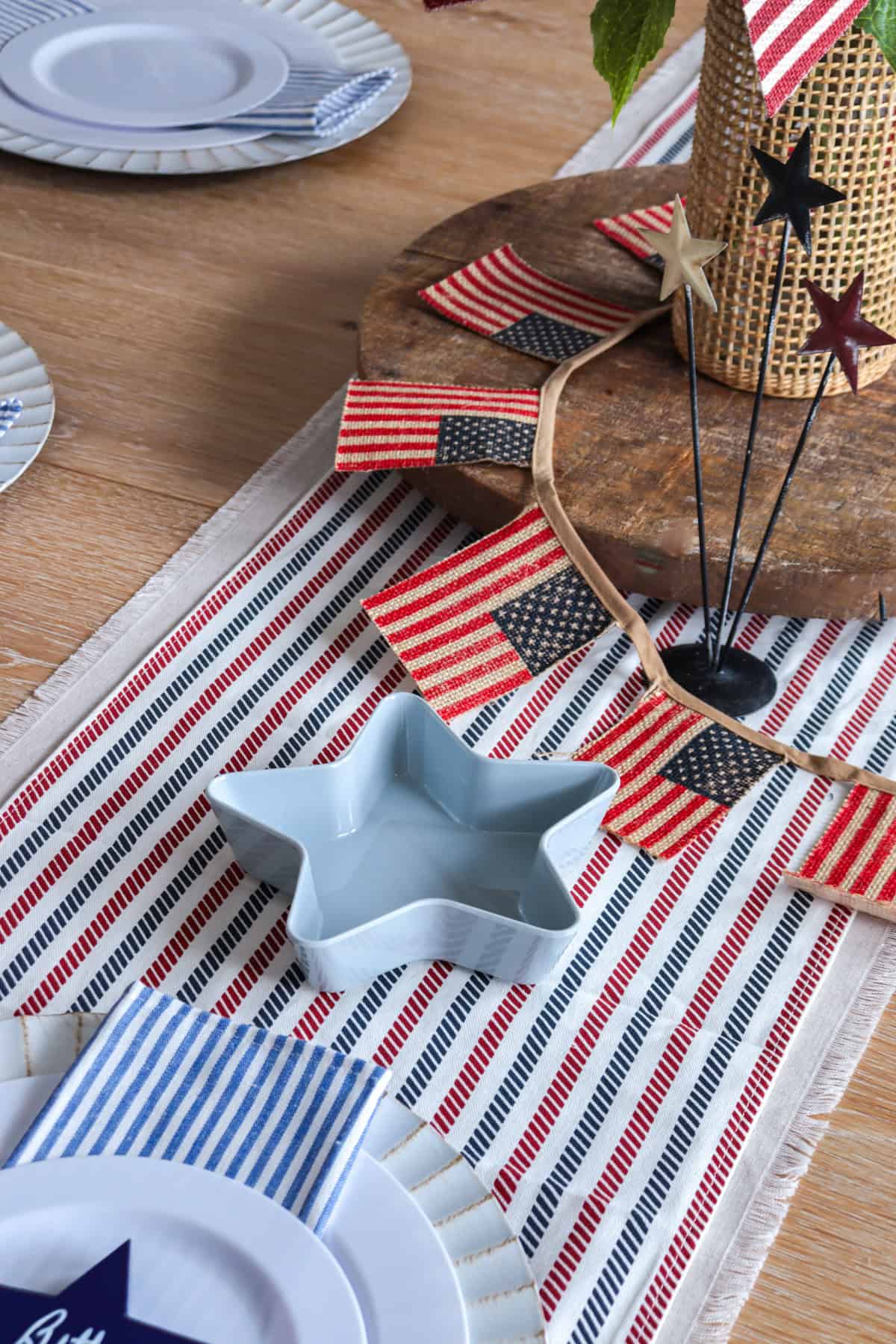 Red white and blue table decor for July 4th party.