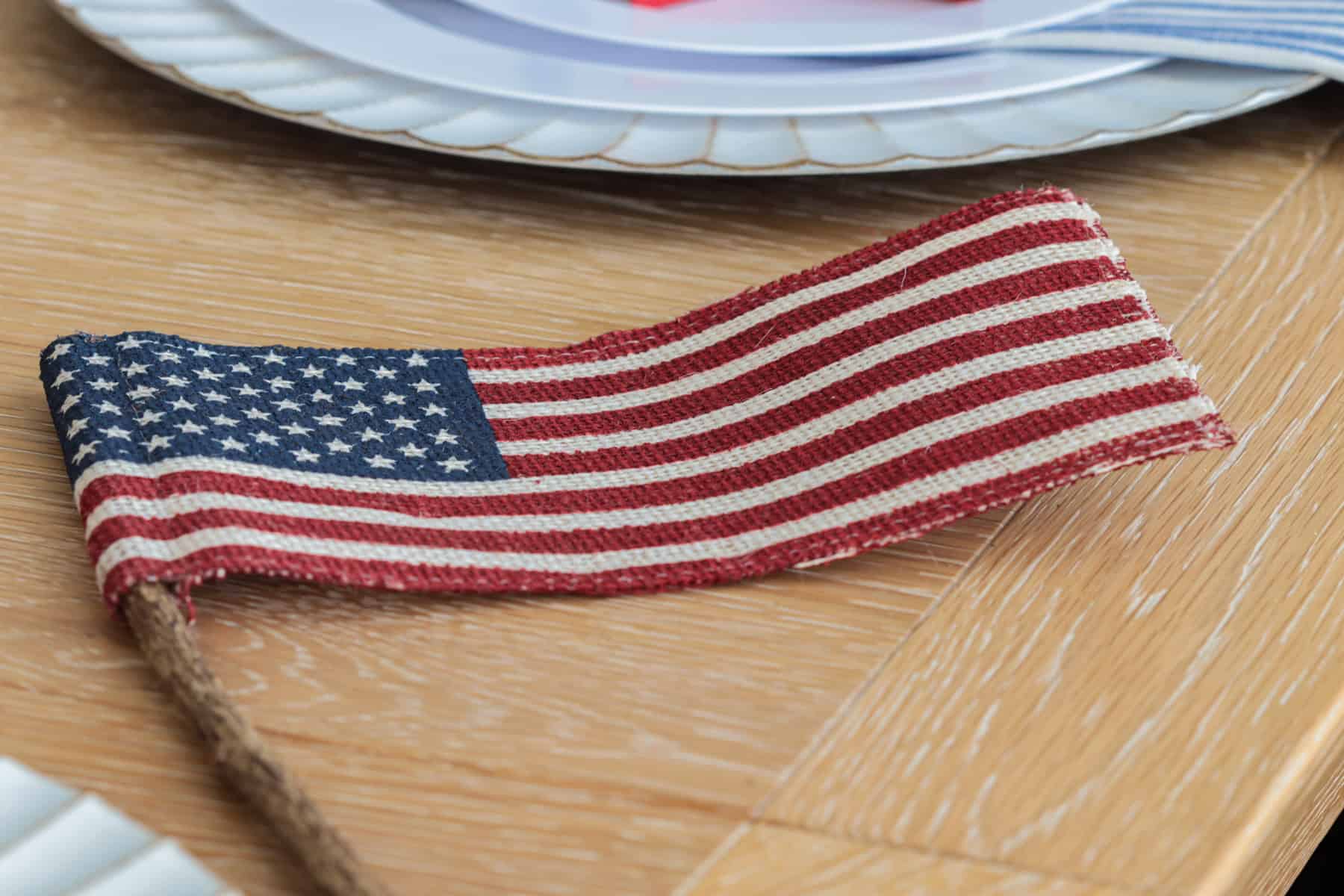 American flag on table.