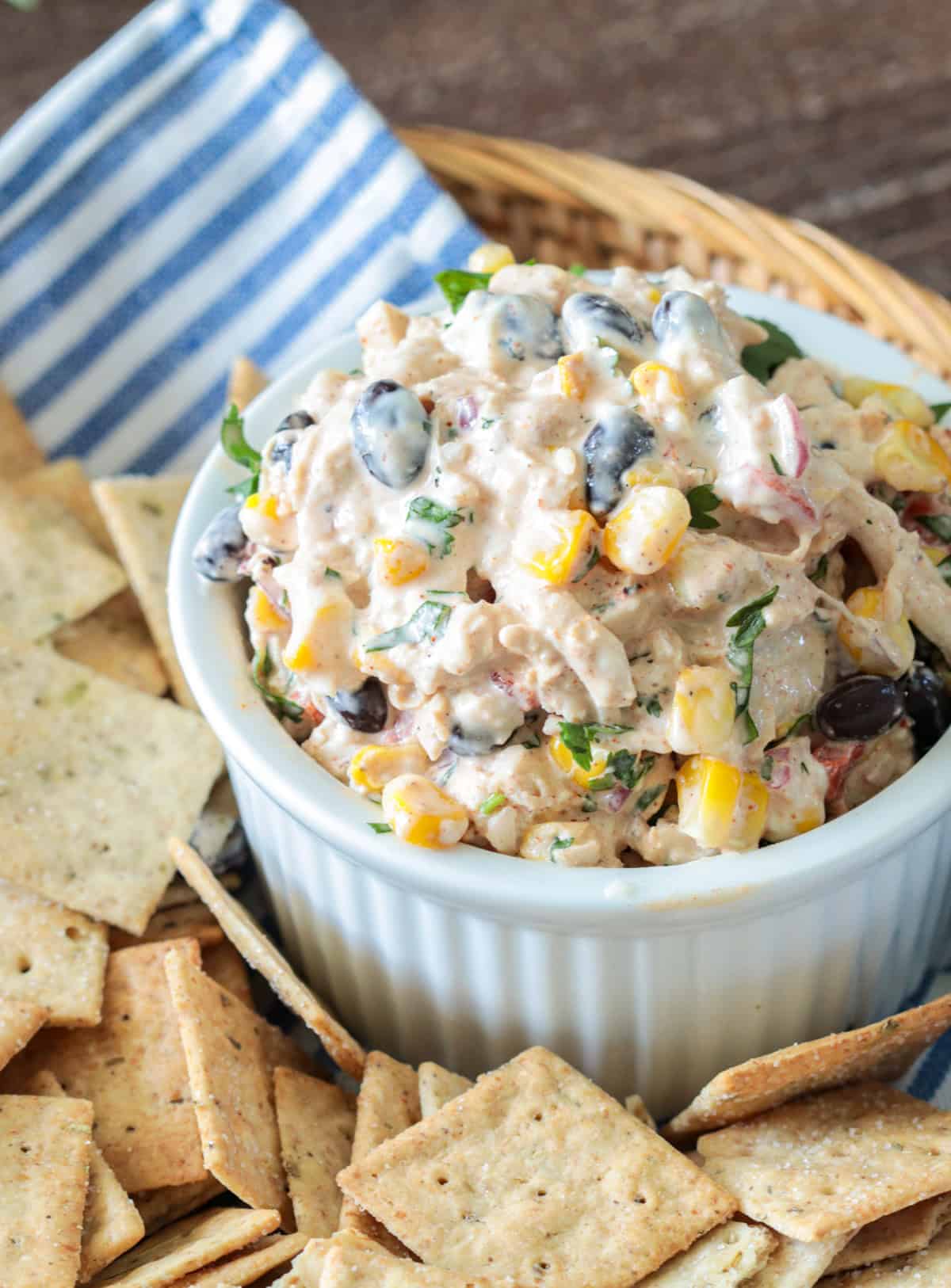 Close up of Mexican chicken salad dip.