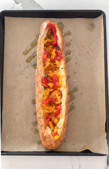 Roasted bell peppers inside the bread.