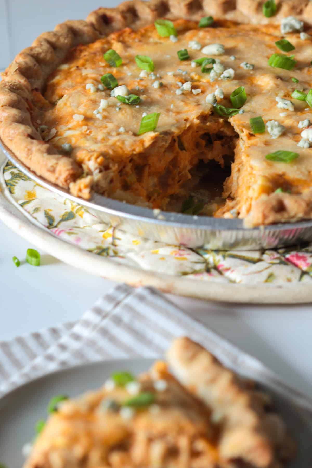 Bufflalo chicken pie with crumbled blue cheese.