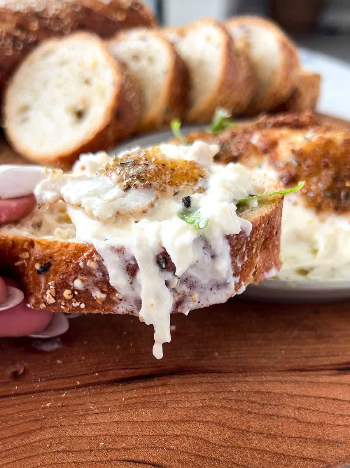 Fried burrata on bread.