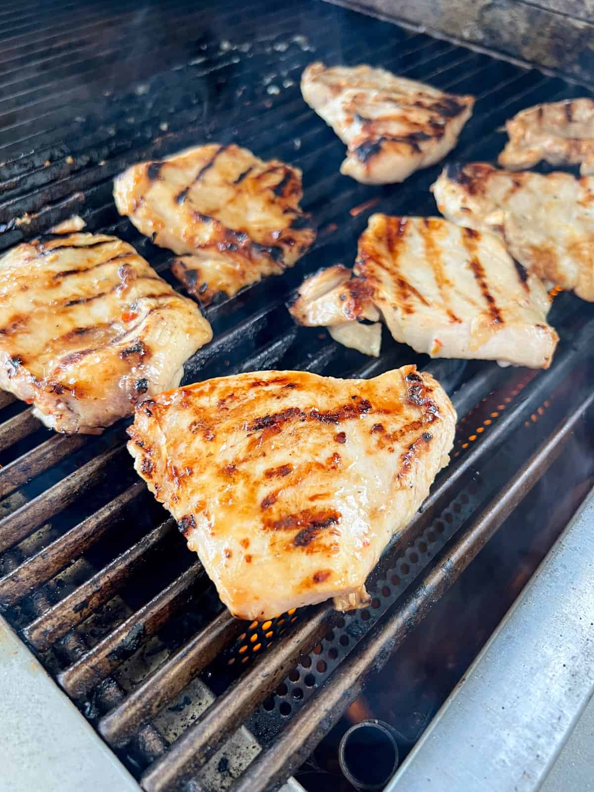 Grilled chicken breasts on the grill.