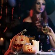 Halloween party with jack-o-lanterns on table,