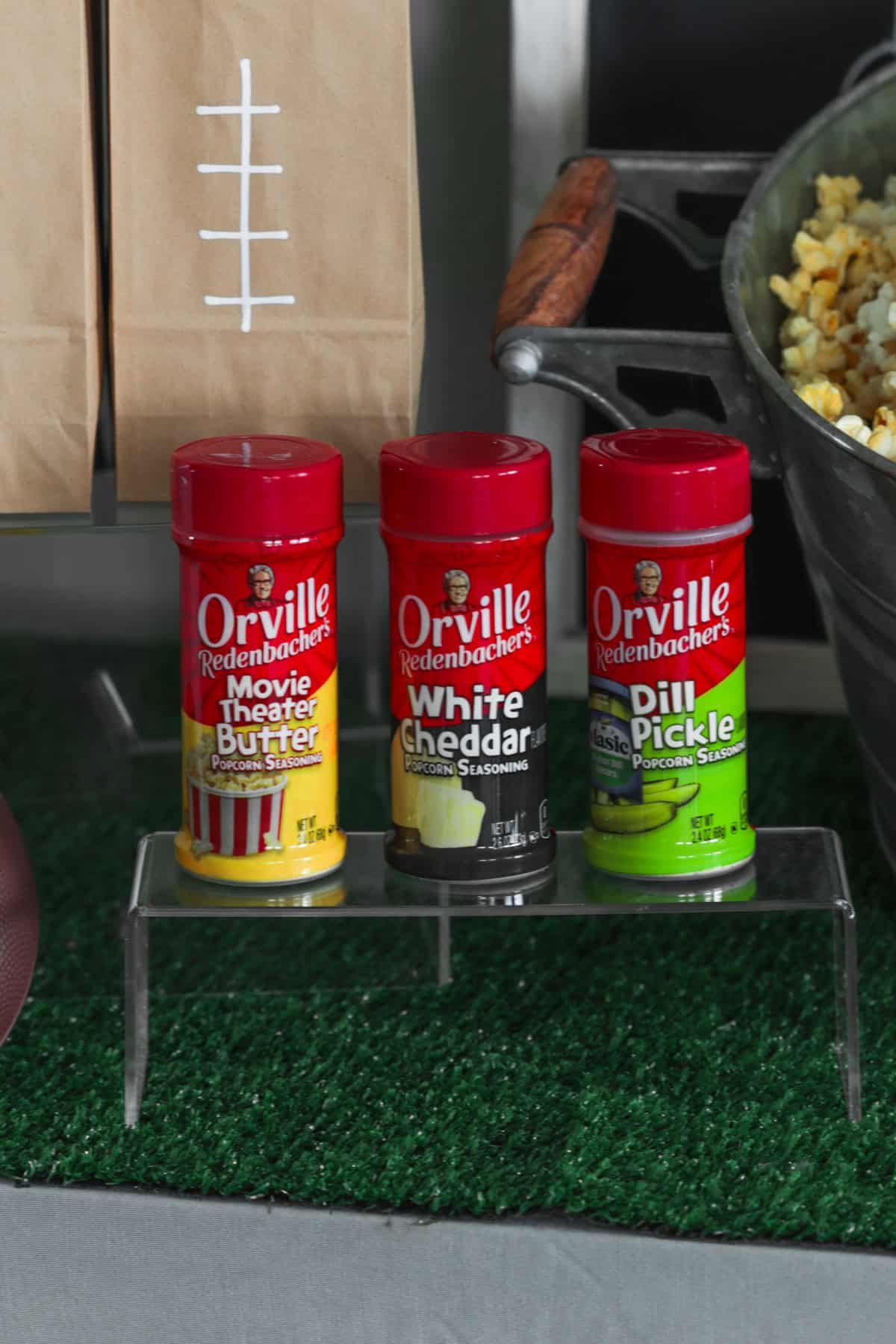 Popcorn seasonings on stand.