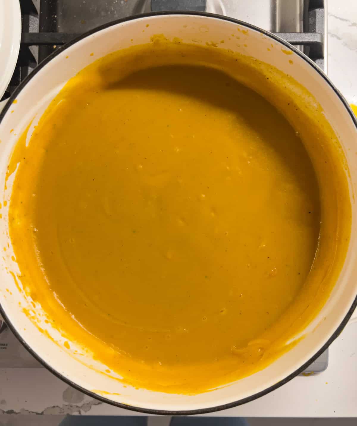 Pureed butternut squash soup in a dutch oven.