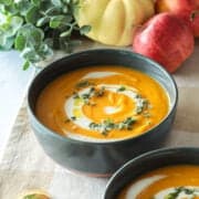 Butternut squash soup in a bowl.