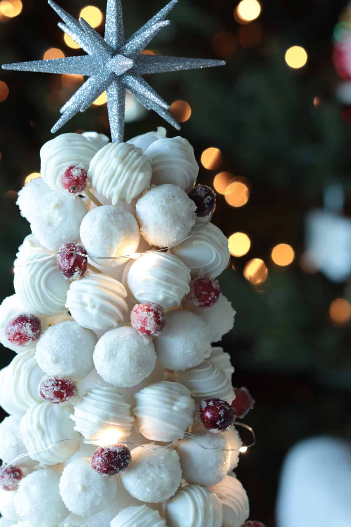 Cake ball tree with lights and sugared cranberries.