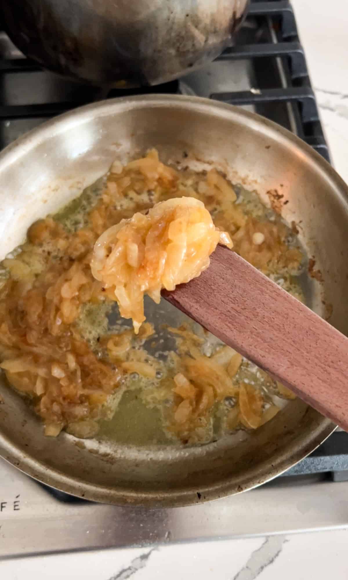 Caramelized onions in pan.