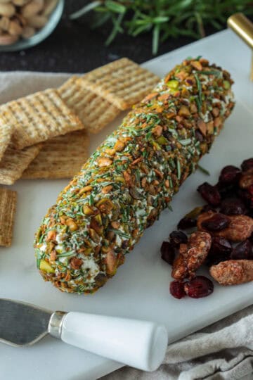 Goat cheese log with pistachios.