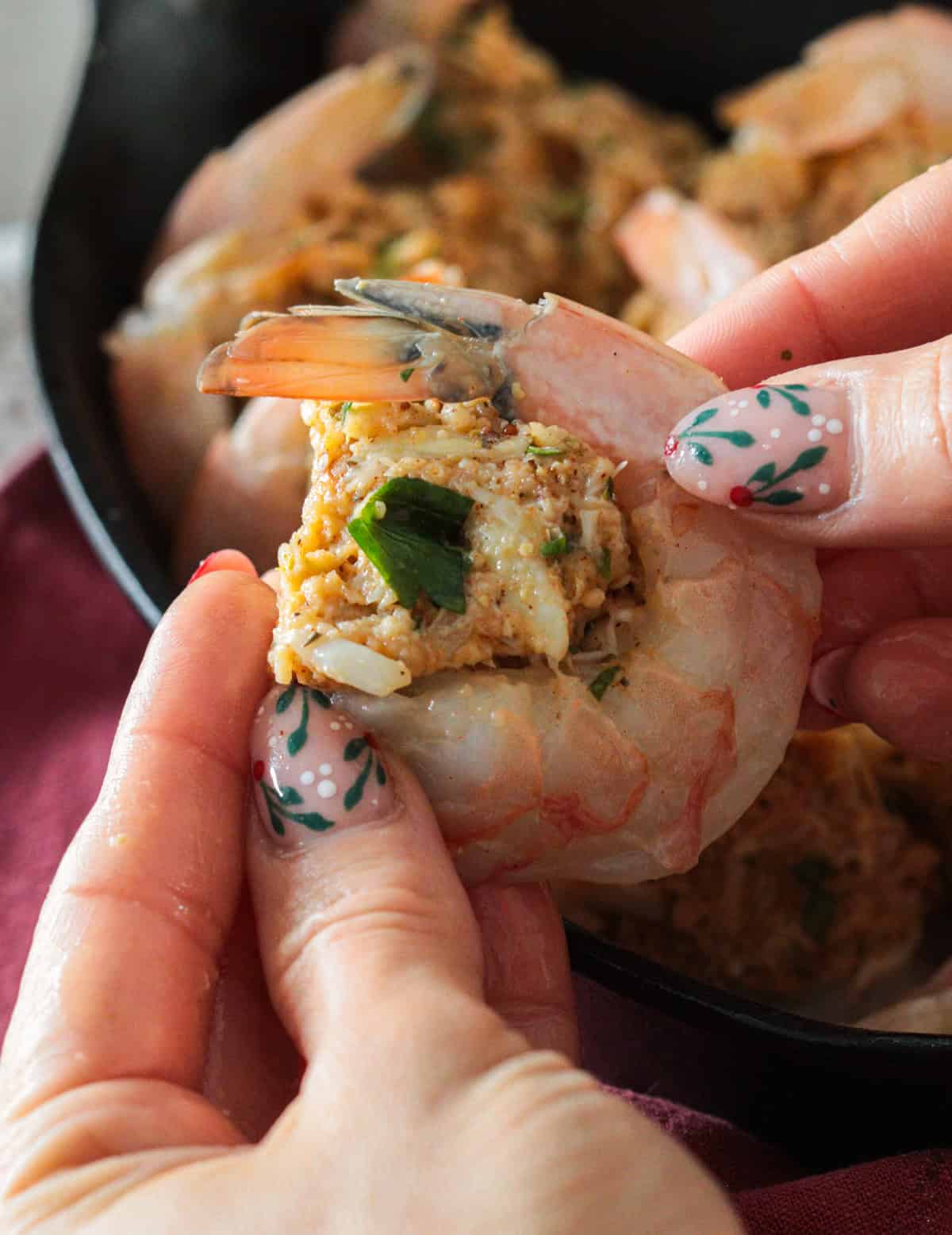 Showing a finished stuffed shrimp.