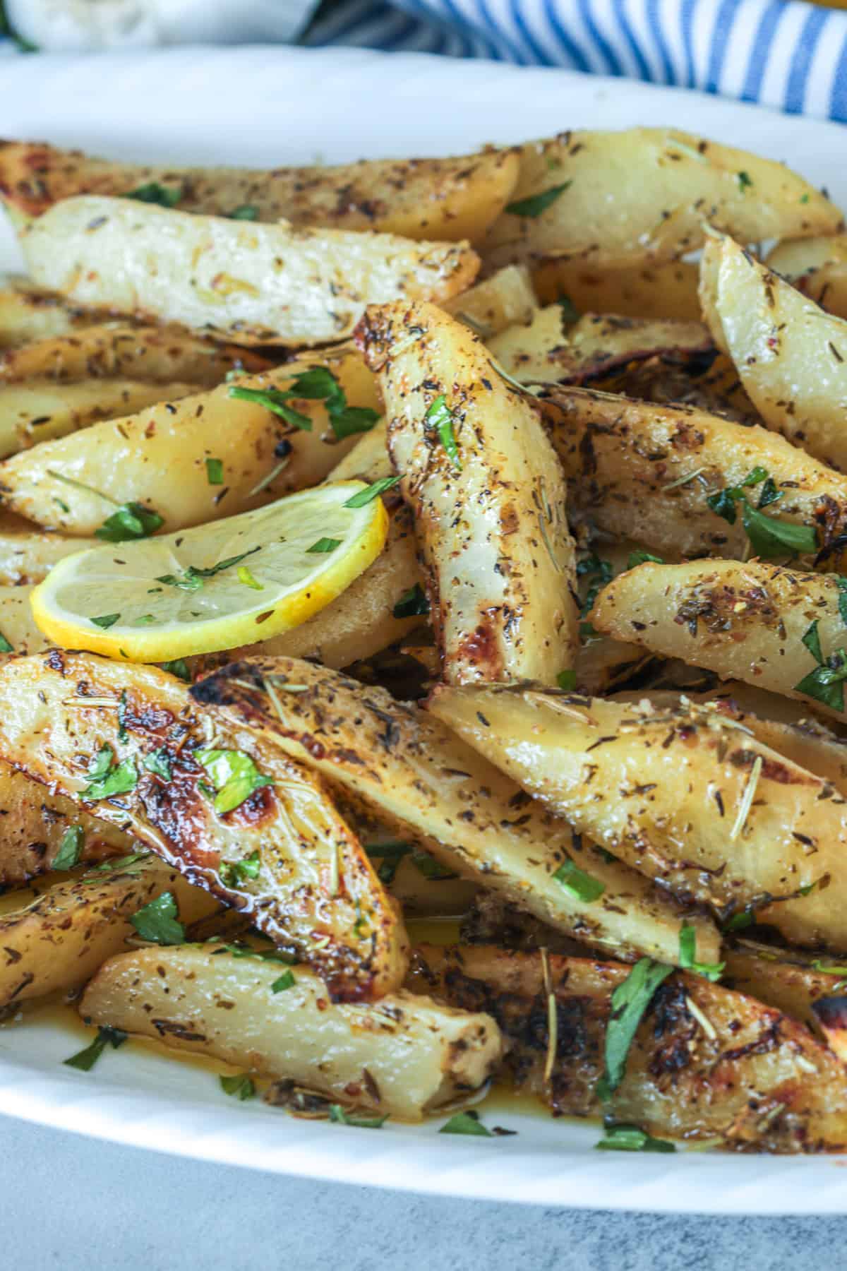 Greek potatoes on a serving platter.