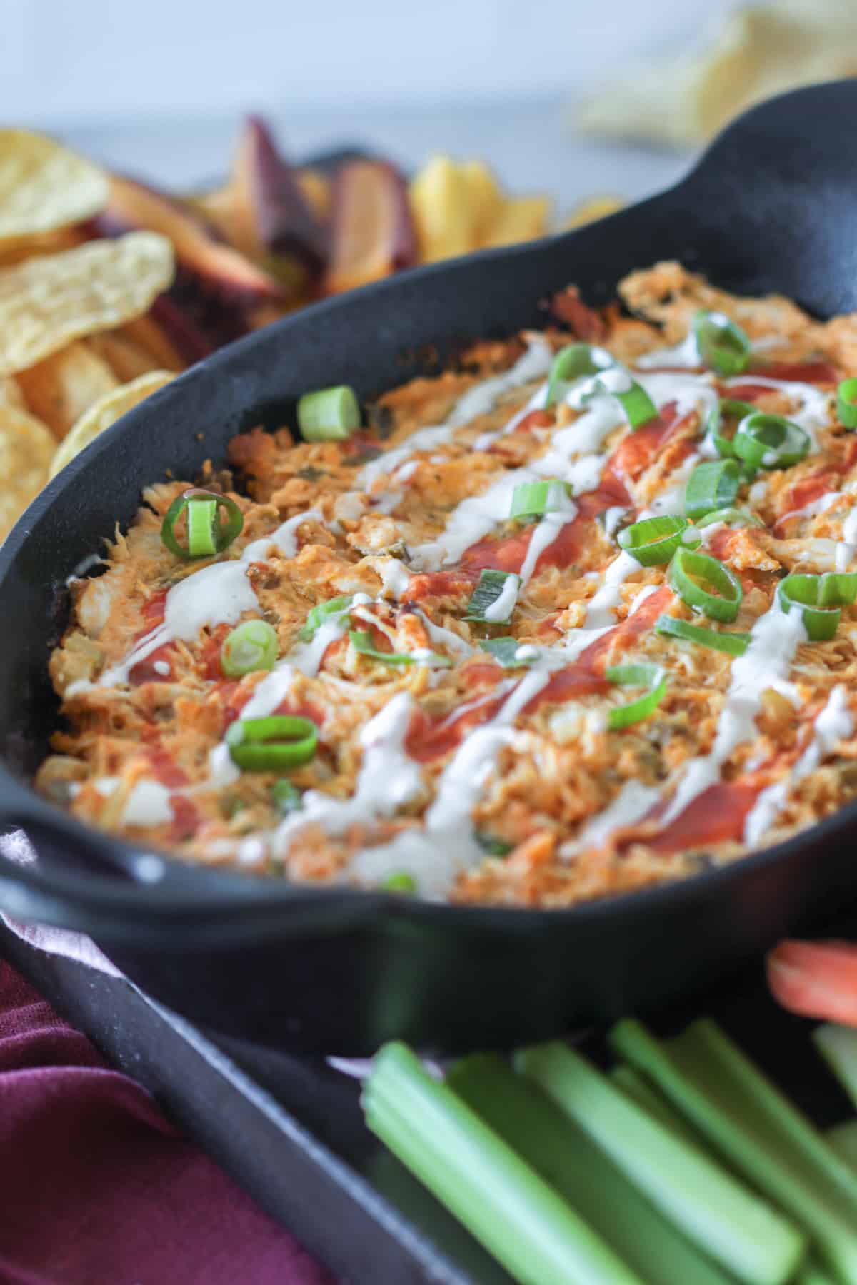 Dairy free chicken dip in a cast iron skillet.