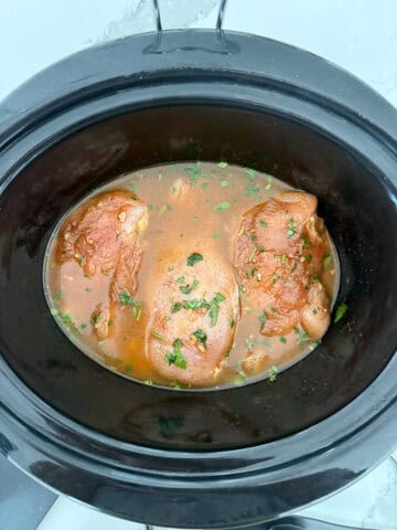 Marinated chicken with chicken stock into a crock pot.
