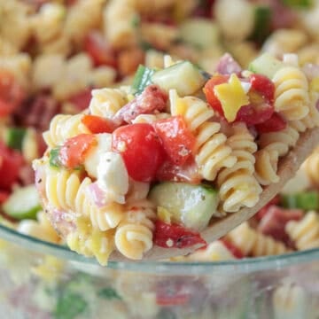 Italian pasta salad on a spoon.