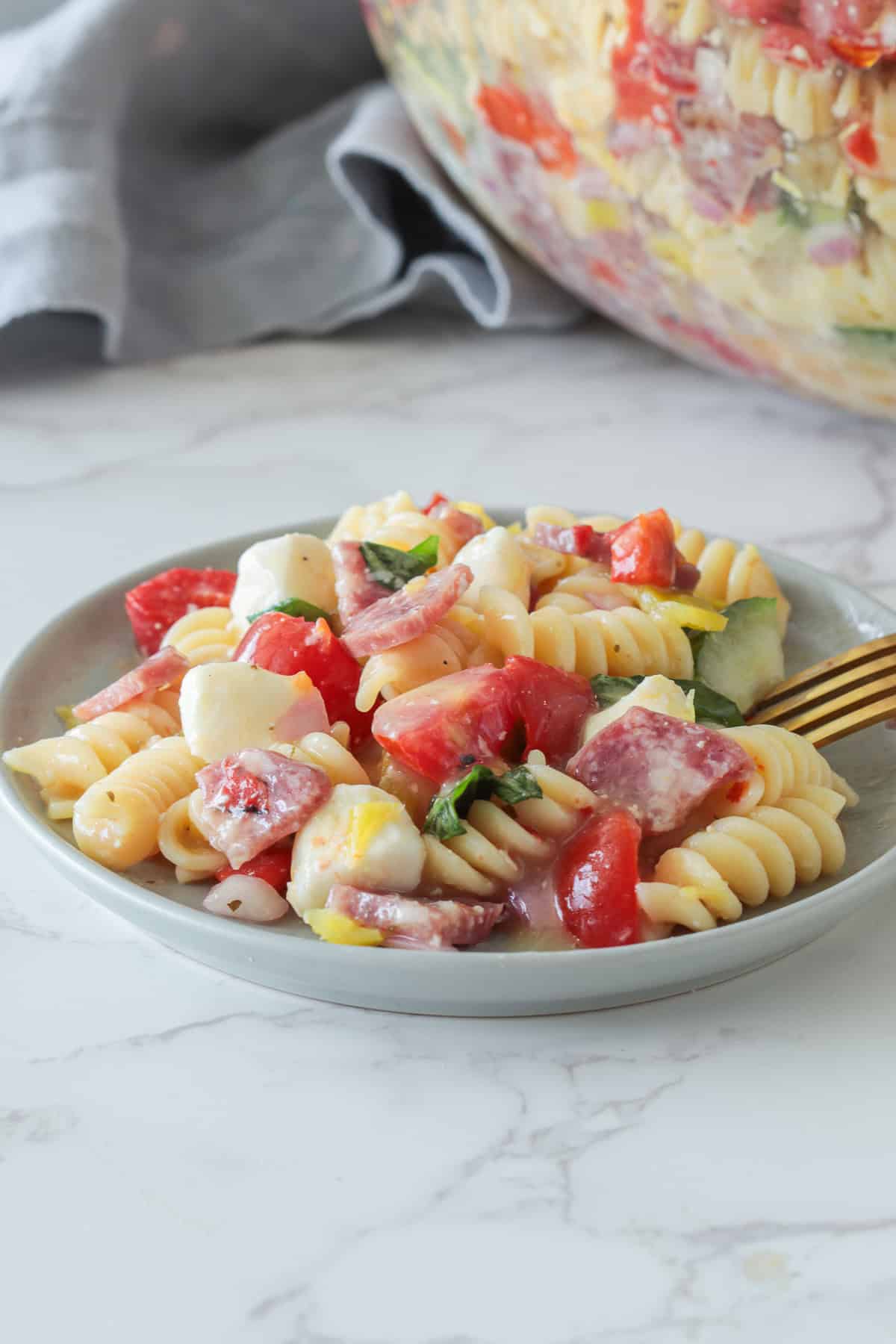 Italian pasta salad on a plate.