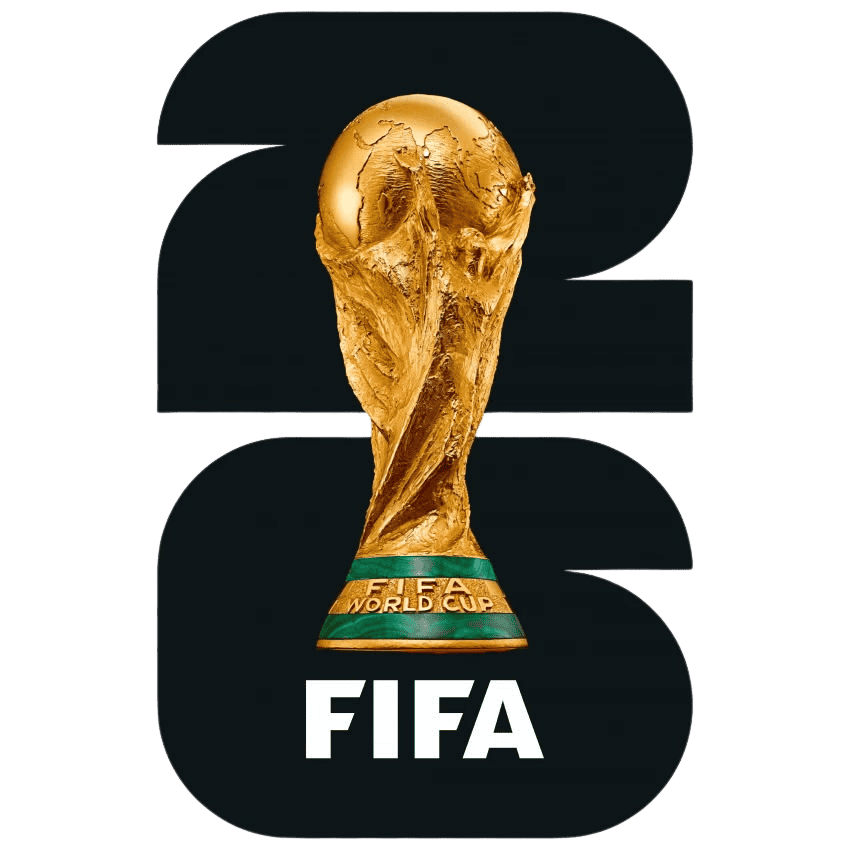 FIFA World Cup 2026 logo with golden trophy on black background