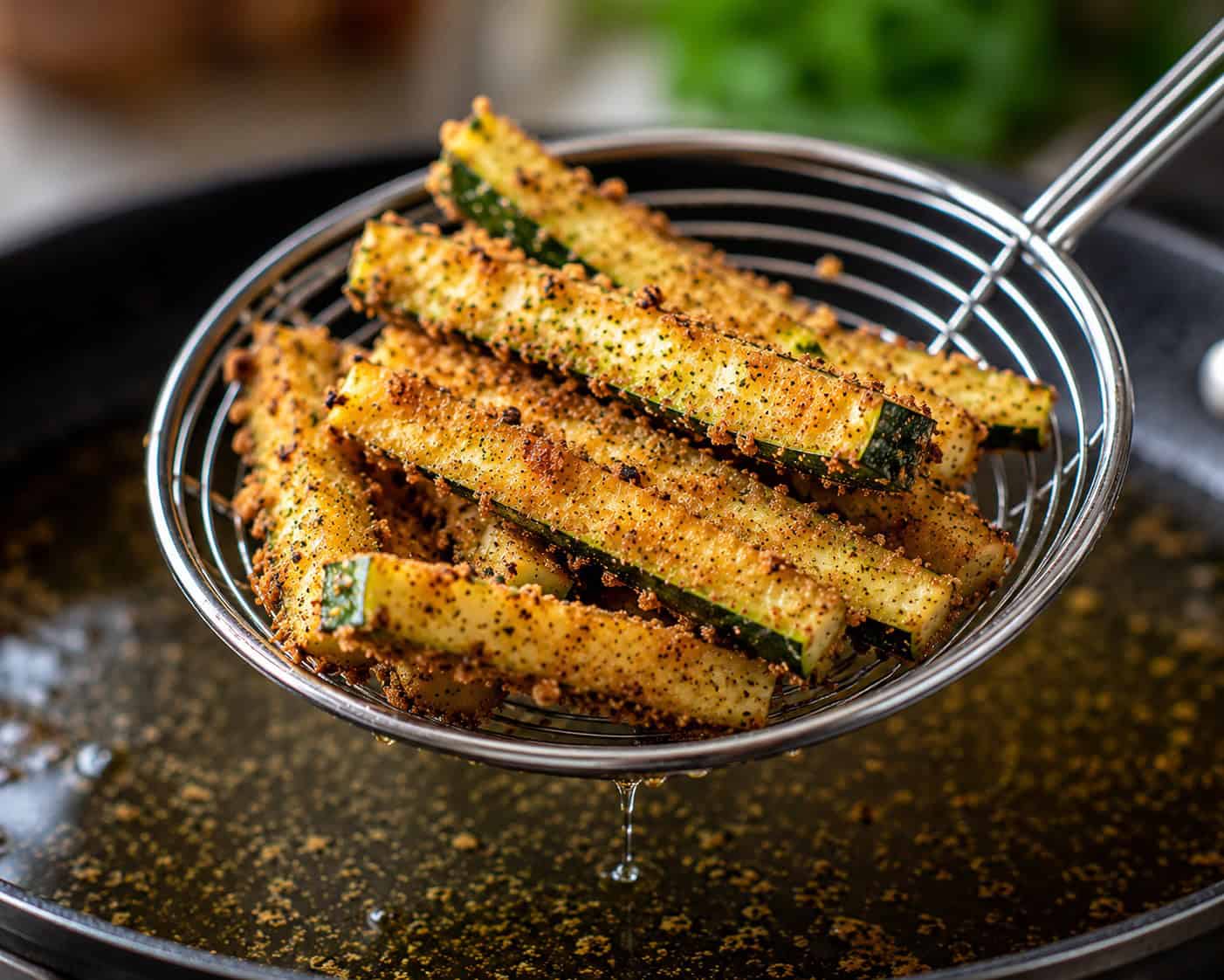 Golden crispy zucchini fries being lifted from hot oil with a wire skimmer after frying until crunchy and perfectly browned