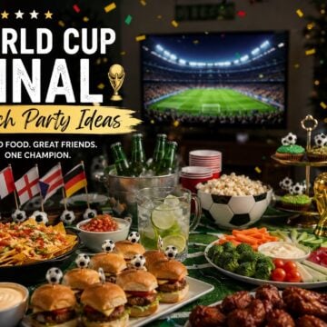 World Cup Final watch party setup with game day food, sliders, wings, nachos, drinks, soccer decorations, international flags, and a stadium match playing on TV.
