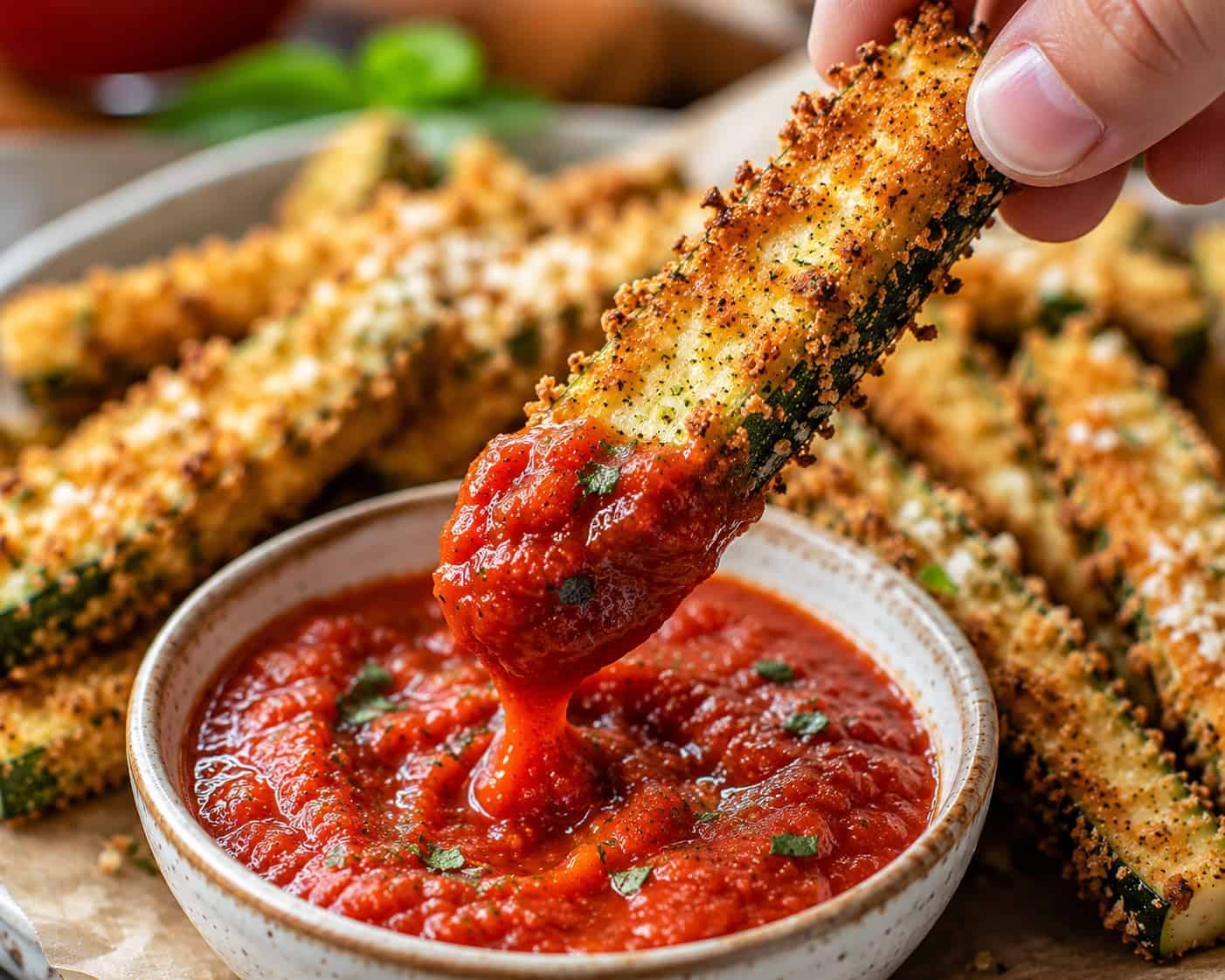 Crispy golden air fryer zucchini fries coated in parmesan panko breadcrumbs served with marinara dipping sauce