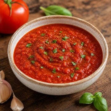 Homemade Italian marinara sauce in a rustic ceramic bowl topped with fresh basil and black pepper on a wooden table.