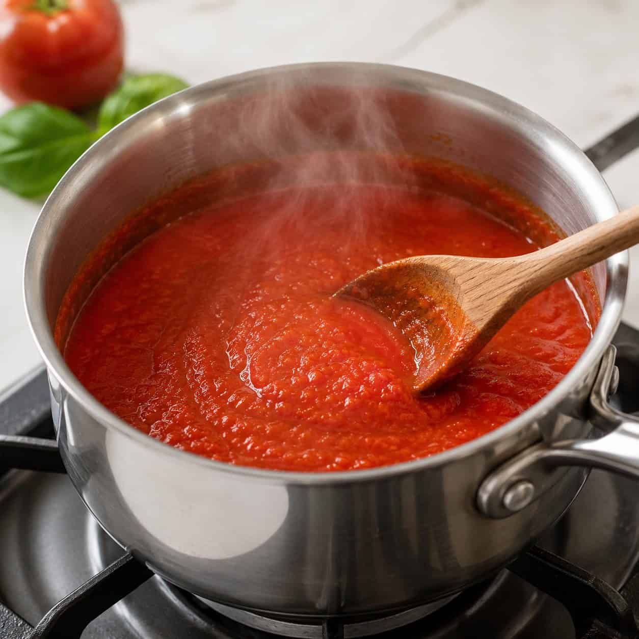 Italian marinara sauce simmering in a saucepan on the stovetop while being stirred with a wooden spoon.