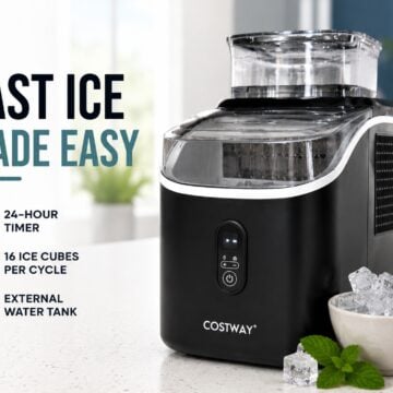 Black COSTWAY countertop ice maker on a kitchen counter with fresh ice cubes and the text "Fast Ice Made Easy," showcasing a compact ice maker for summer entertaining.