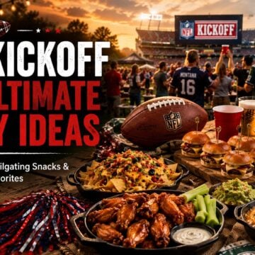 A football-themed homepage hero banner featuring NFL kickoff party ideas with tailgating food, appetizers, sliders, chicken wings, nachos, dips, and drinks in a lively American football stadium atmosphere.