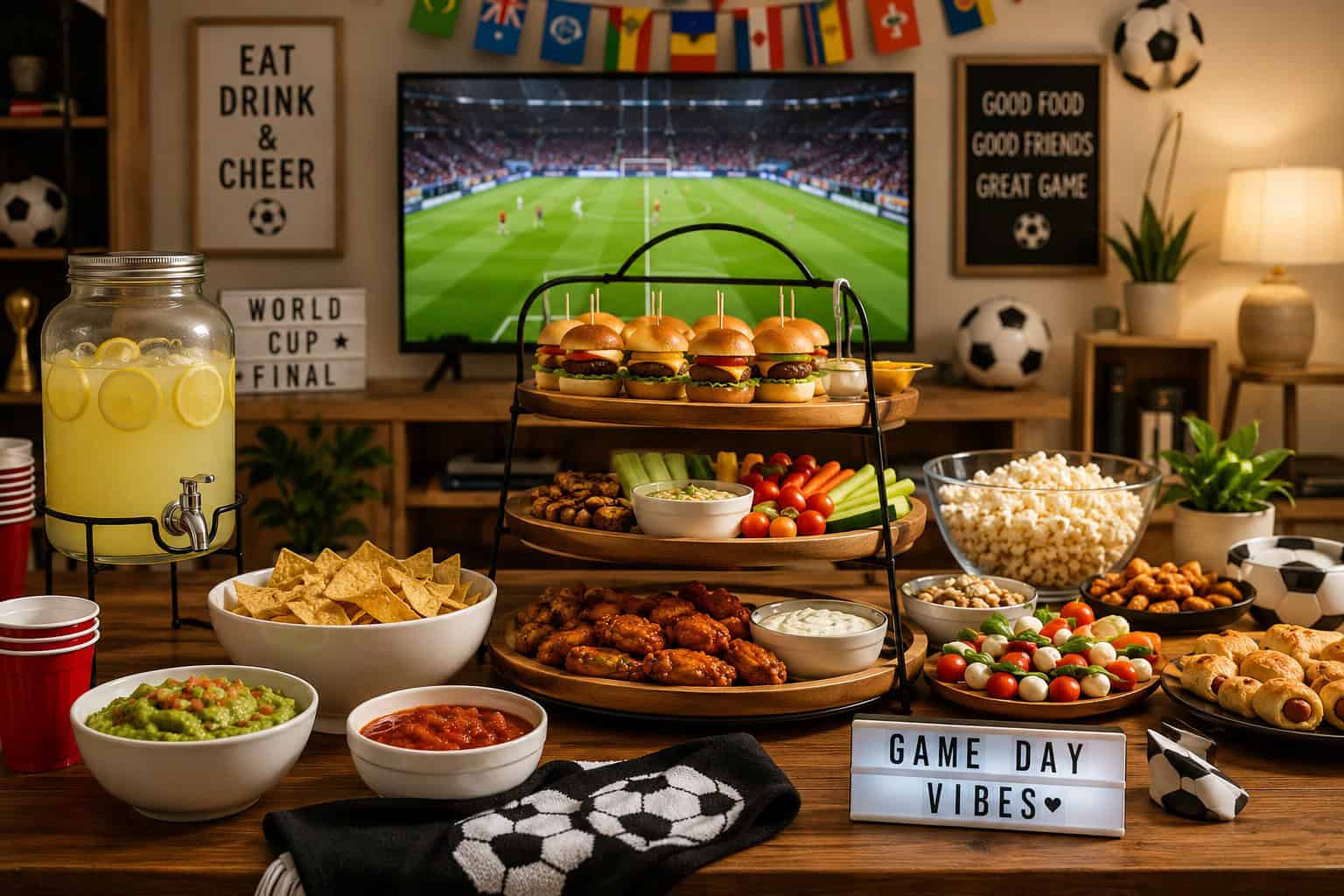 World Cup Final party food table with sliders, wings, chips, dips, popcorn, drinks, and soccer-themed decorations set up for a watch party.