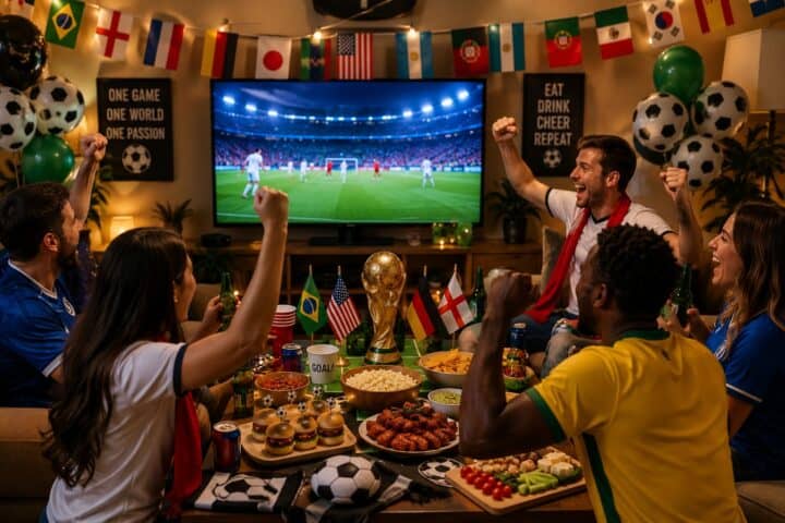 Friends watching the World Cup Final together with party food, drinks, soccer decorations, and international flags during a watch party celebration.