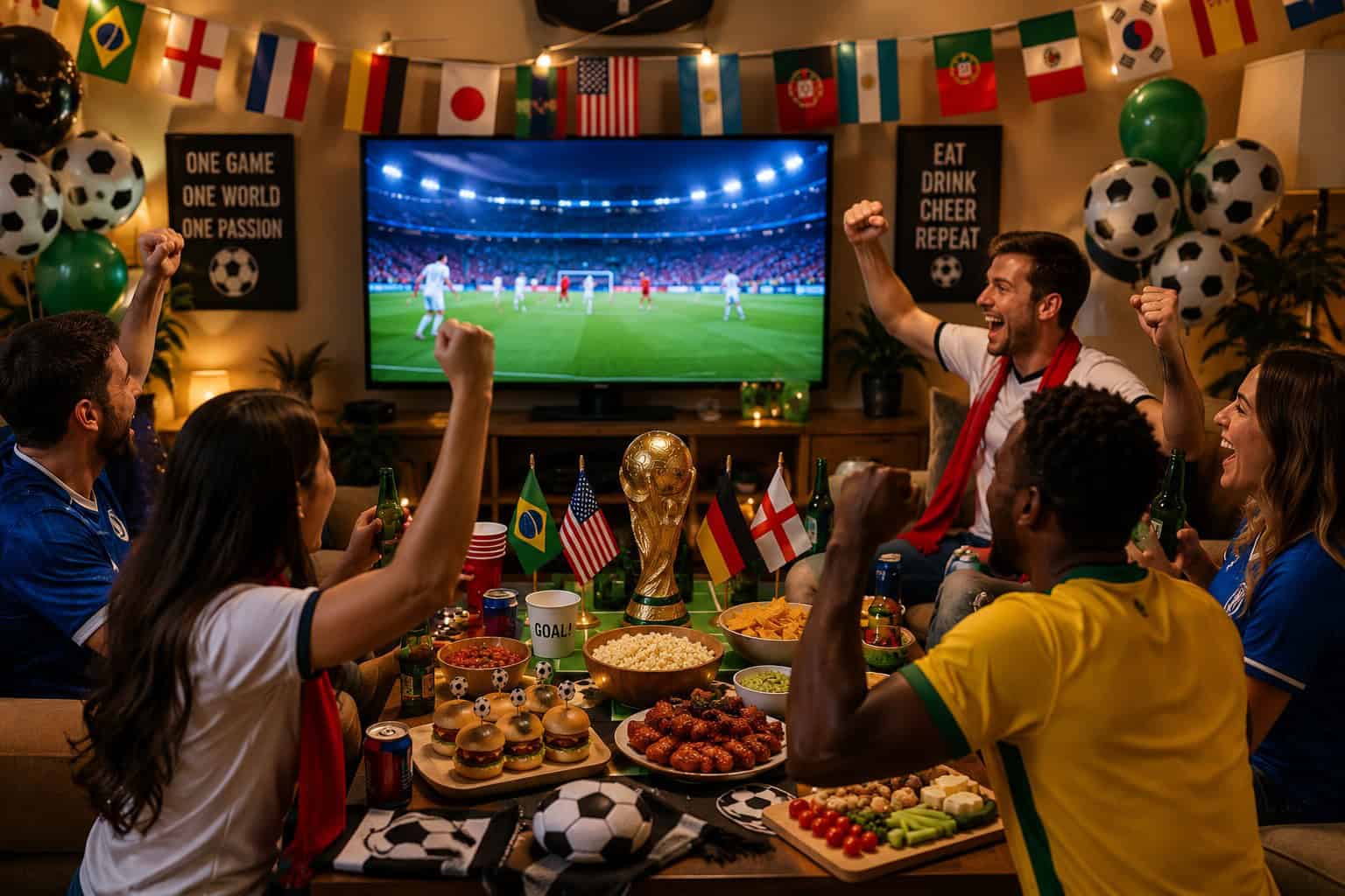 Friends watching the World Cup Final together with party food, drinks, soccer decorations, and international flags during a watch party celebration.