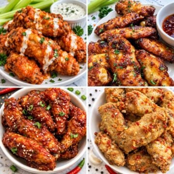 Four chicken wing styles for game day: Buffalo ranch, hot honey, gochujang, and salt and pepper wings.