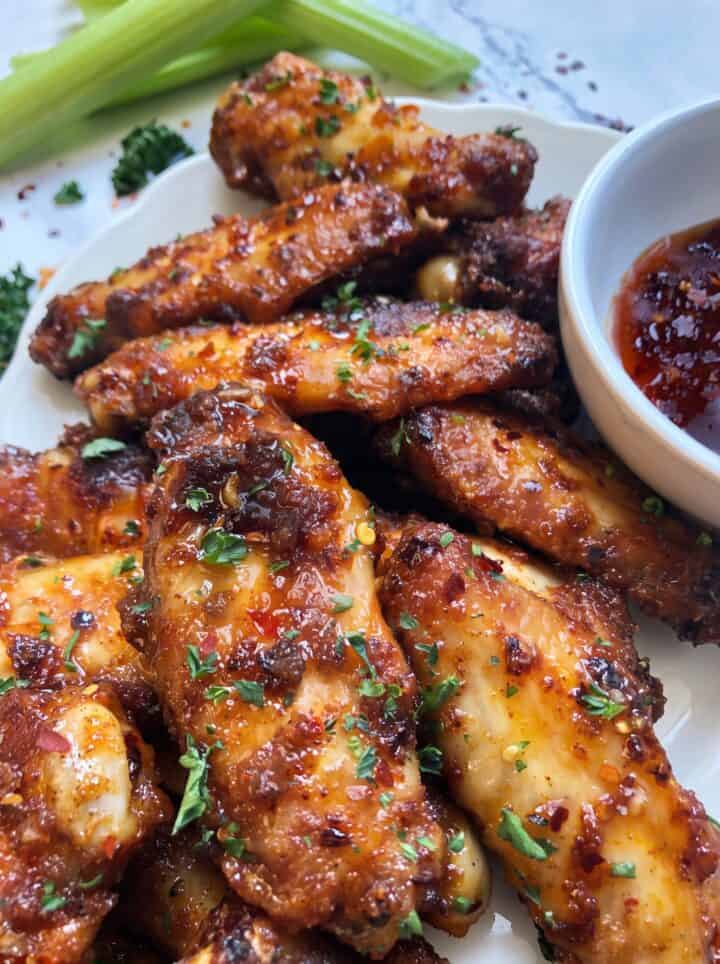 Crispy baked hot honey wings glazed with hot honey sauce.