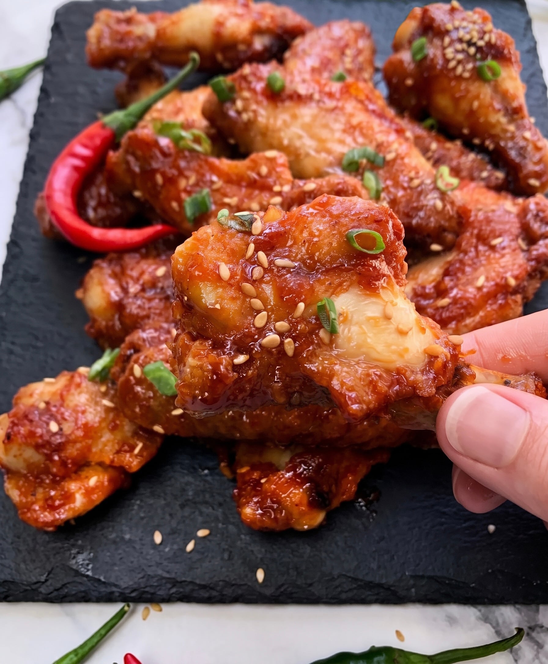 Close-up of a sticky gochujang chicken wing with sesame seeds and green onions.