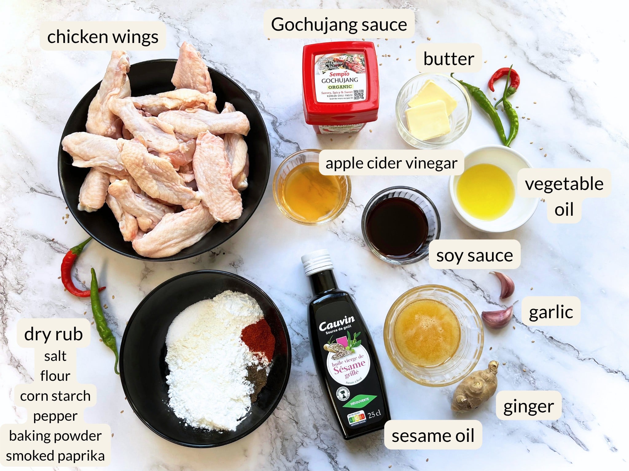 Ingredients for sticky gochujang chicken wings.