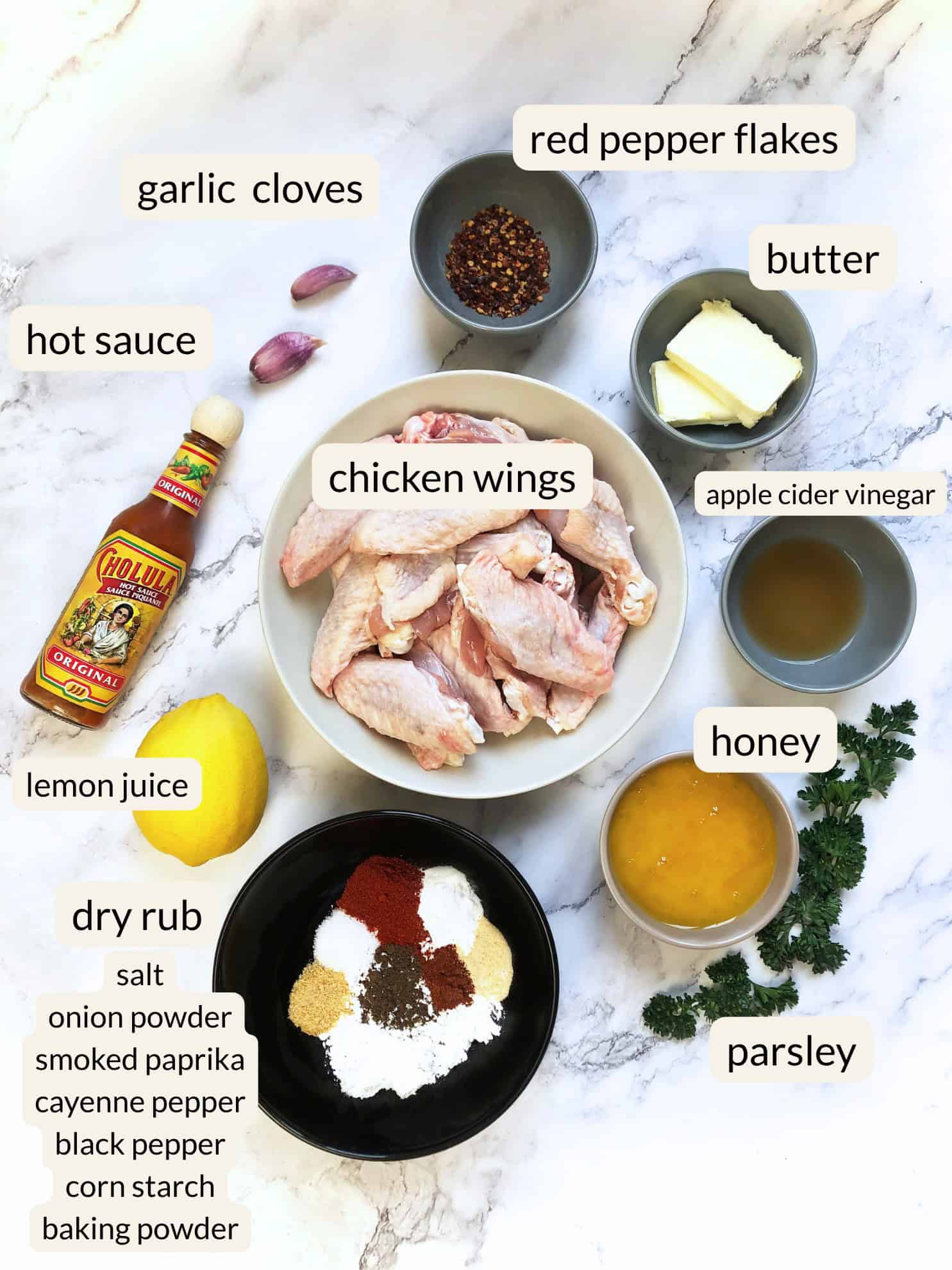 Ingredients used to make hot honey chicken wings.