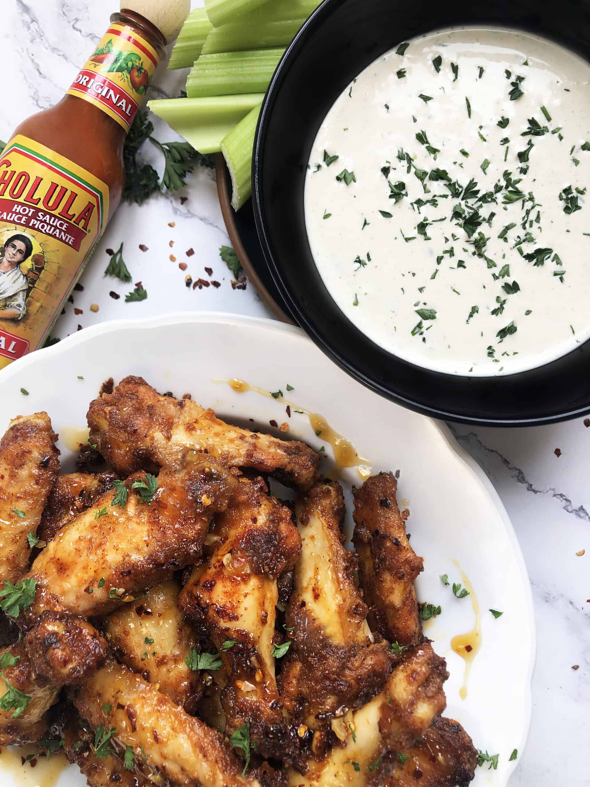 Hot honey chicken wings served with homemade ranch dip.