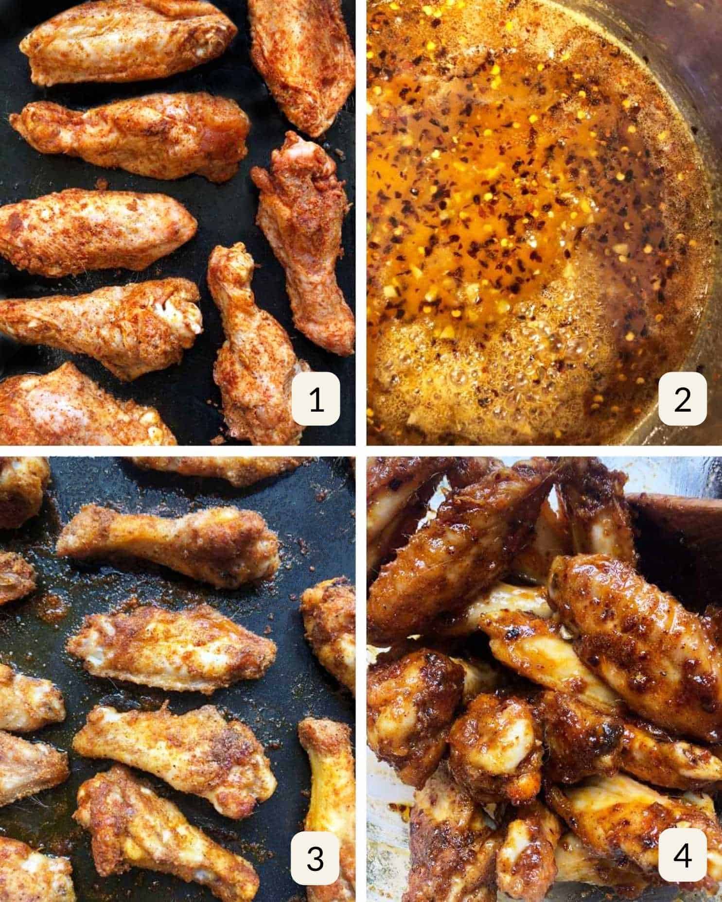 Four step process for making baked hot honey wings.