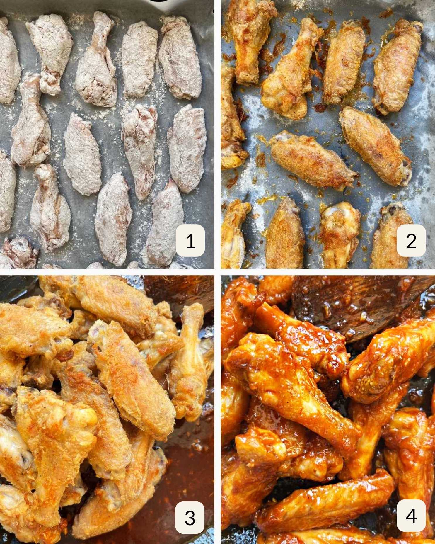 Four step process for making baked gochujang chicken wings.