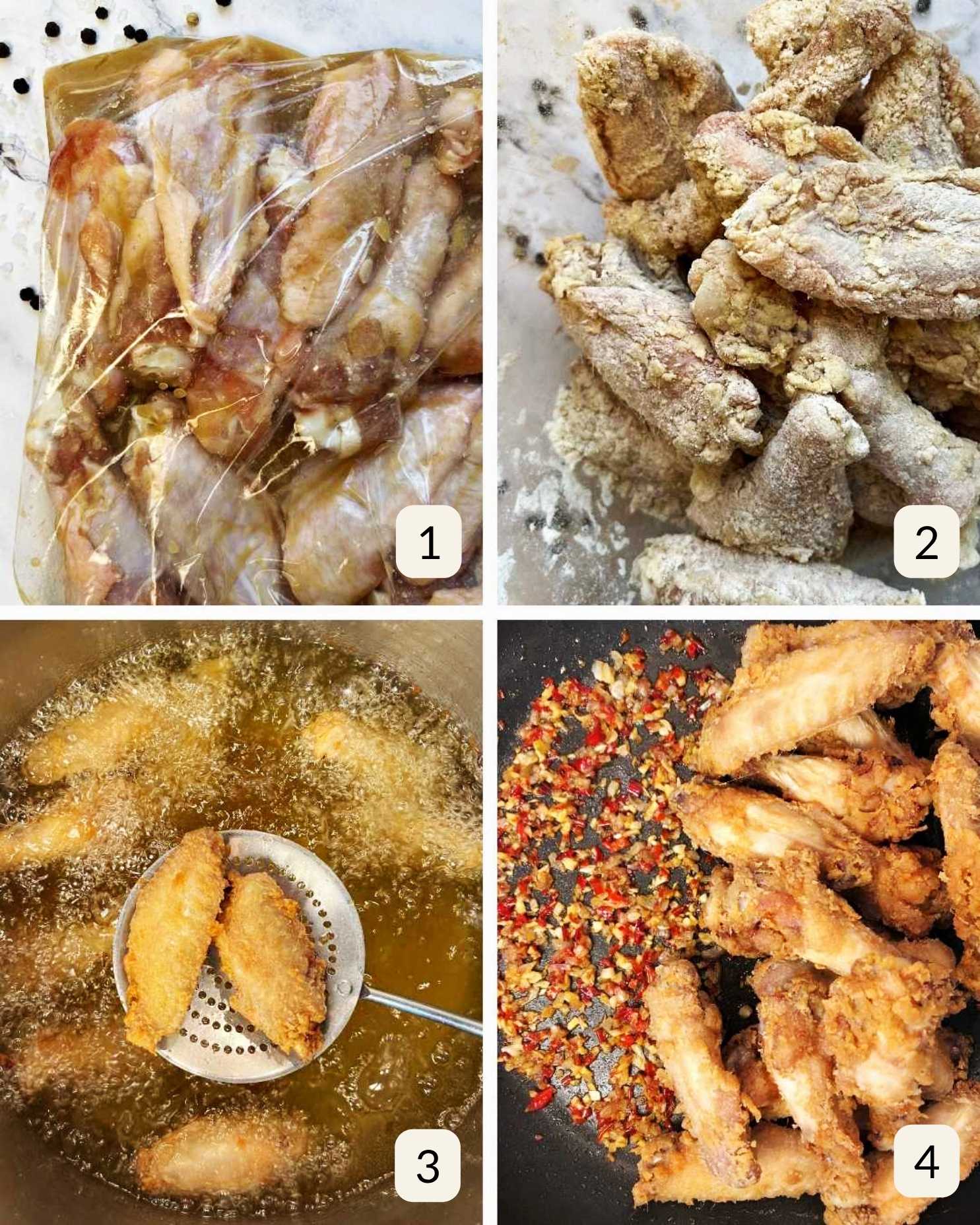 Four step process for making salt and pepper chicken wings.