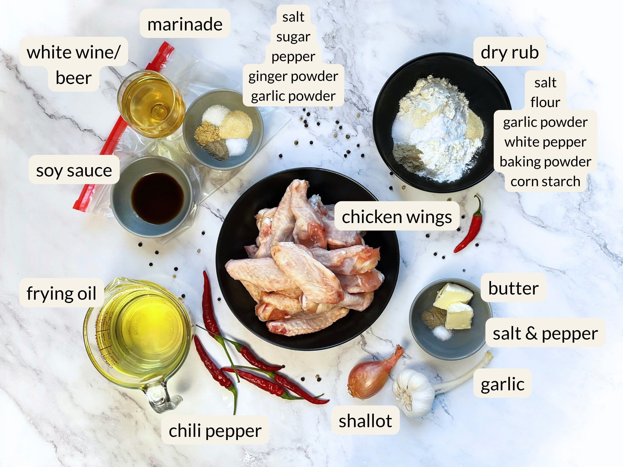 Ingredients for salt and pepper chicken wings.