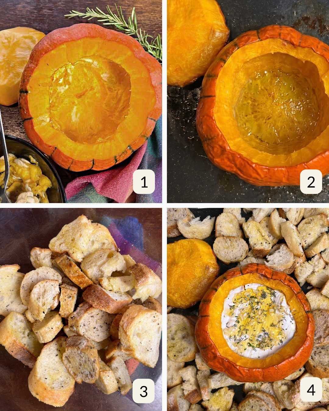 Four step process showing how to prepare pumpkin Brie fondue.